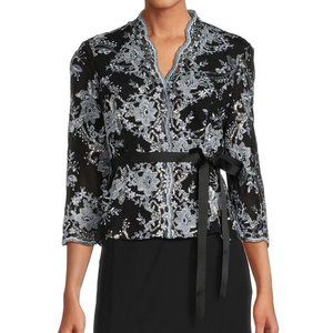 NWT Alex Evenings 3/4 Sleeve V-Neck Tie Waist Embellished Blouse in M Petite